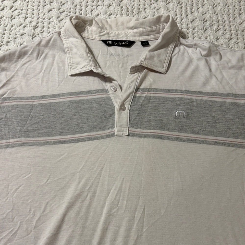 Travis Mathew Men's Cream Polo with Gray Stripe